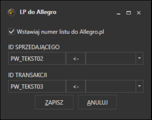 Zrzut ekranu z aplikacji PP Etykieta prezentujący okno, do którego należy wprowadzić konfigurację przekazywania numeru listu do Allegro (API Rest).