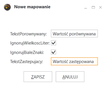 Widok z dodawania nowego mapowania wartosci