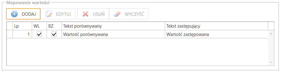 Widok tabeli mapowań z dodanym mapowaniem
