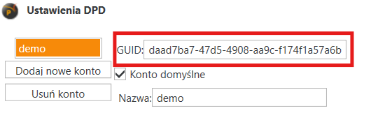 Widok konta przewoźnika ze wskazanym identyfikatorem GUID.