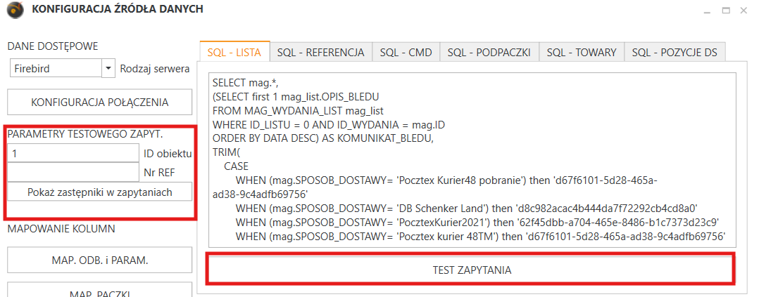Widok konfiguracji źródła danych.