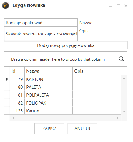 Widok słownika z opakowaniami.