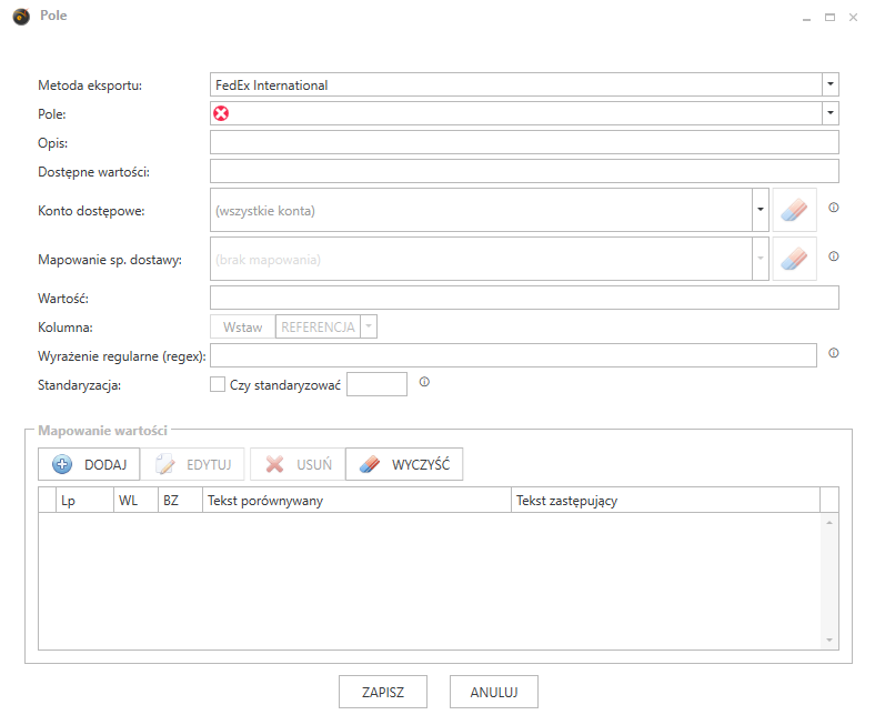 Widok konfiguracji pola dla metody eksportu. 