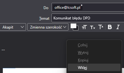 Widok poczty e-mail ze wskazanym przyciskiem wklej.
