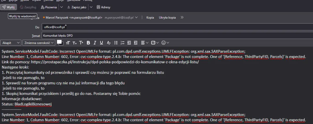 Widok poczty e-mail ze wskazanym przyciskiem wyślij.