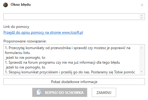 Widok okna błędu ze wskazanym przyciskiem "Kopiuj do schowka"