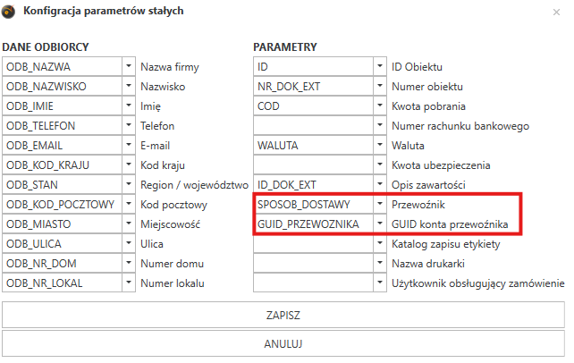 Konfiguracja parametrów stałych ze wskazaniem na GUID przewoźnika.