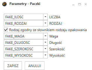 Okno Parametry - Paczki w PP Etykiecie.