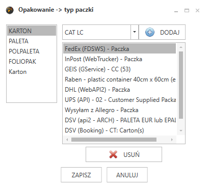 Widok słownika opakowań na paczke w Prostej Paczce.